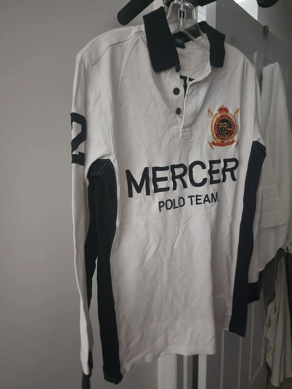 Ralph Lauren White Long-Sleeve Mercer Polo with Navy Accents. Unisex.
